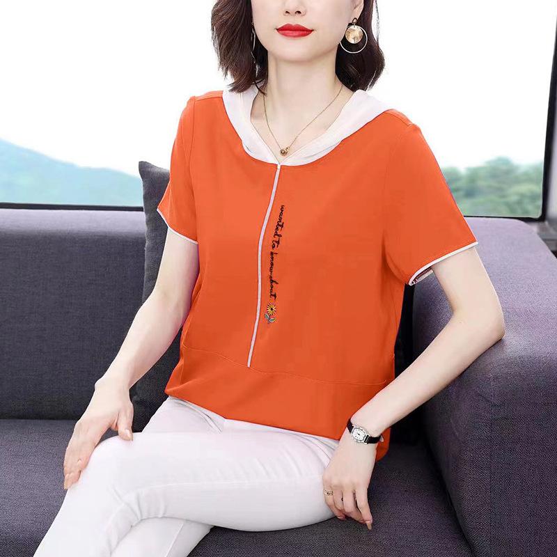 

Летняя толстовка с капюшоном для мам среднего возраста, тонкая свободная футболка с принтом, модный пуловер, базовая рубашка для женщин 4XL оранжевый