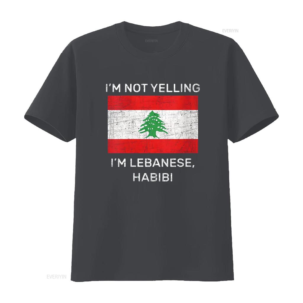 Mens I M Not Yelling Lebanese Habibi Lebanon Flag Round Neck T Shirt Black 2X Large Vintage Washed Versatile Comfortable
