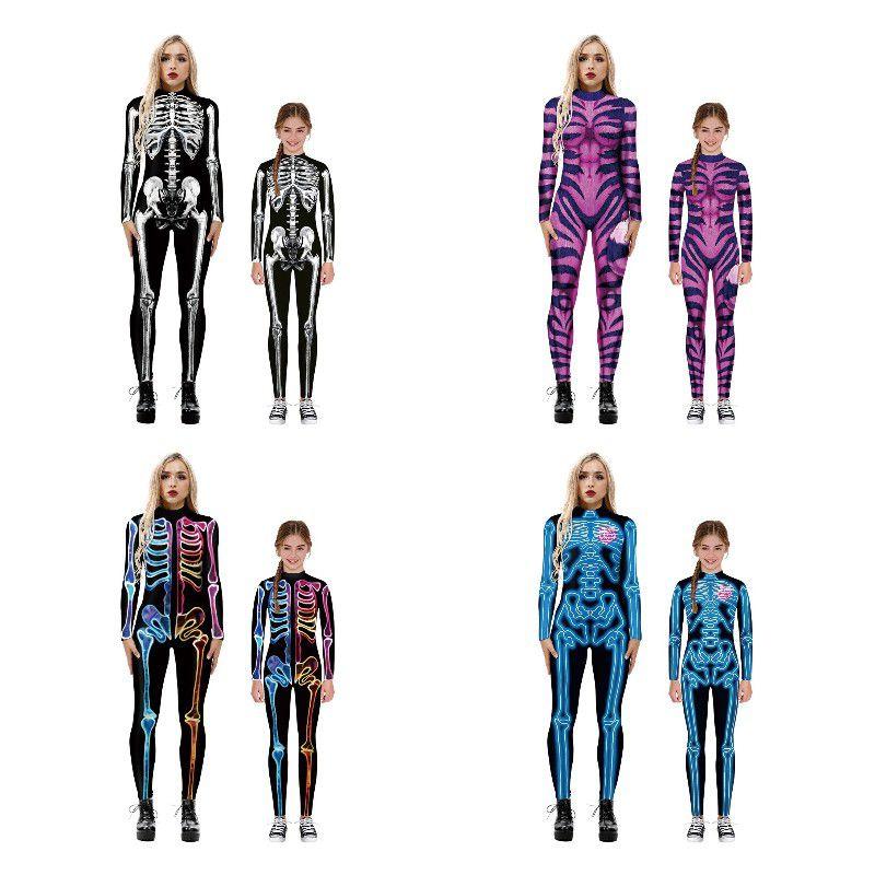 Spooky Skeleton Print Long-sleeved Jumpsuit Halloween Costume For Adults Kids