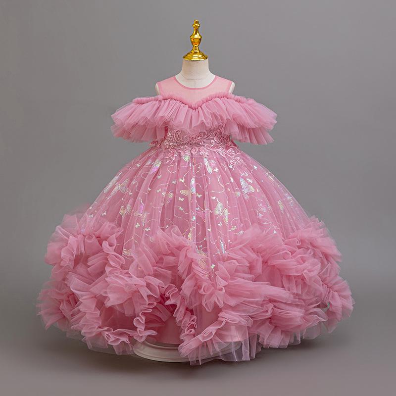 Girls' One-Shoulder Princess Dress with Mesh Puff Skirt – Formal Flower Girl Birthday Dance Costume