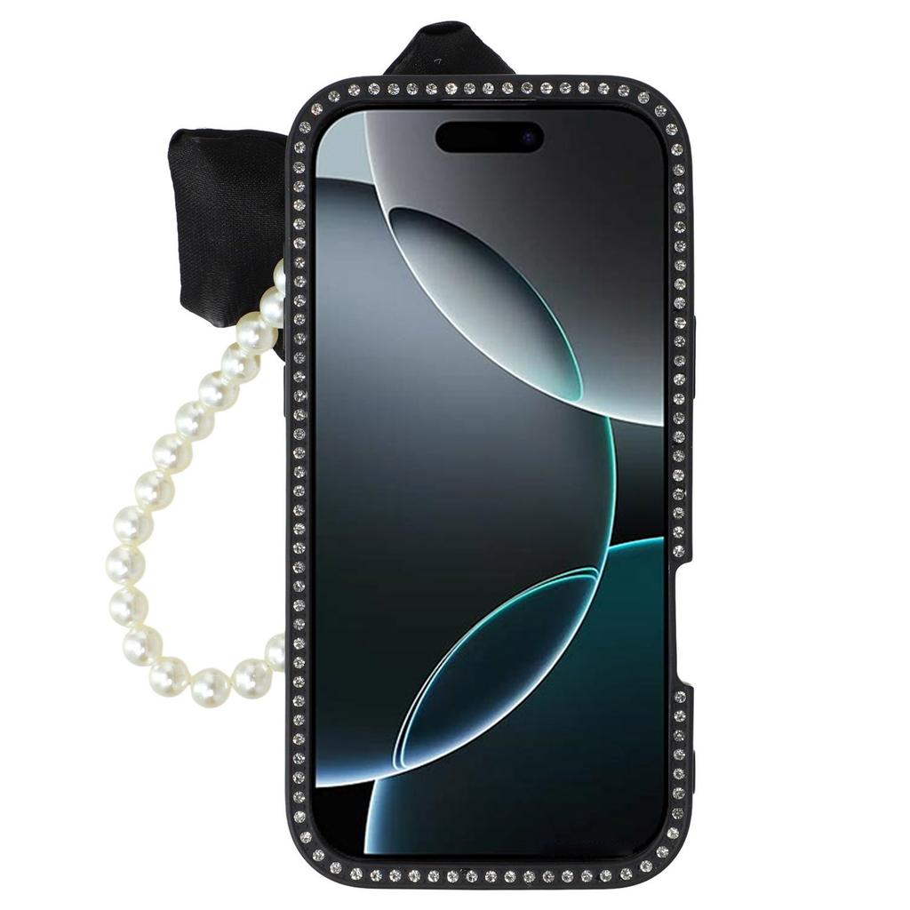 For iPhone 16 Pro Max Case Glitter Epoxy Design TPU+PC Phone Back Cover with Bow Strap,Rhinestone Decor