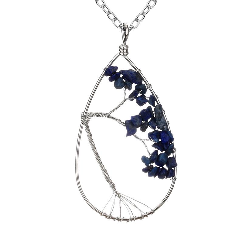 Handmade Silver Wrapped Copper Wire Crushed Stone Tree of Life Necklace, Water Drop Natural Stone Design, Bent Tree of Life Necklace N28.