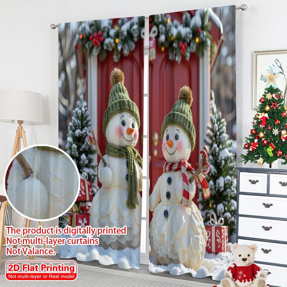 2pcs 2D Flat Printing Merry Christmas Popular Curtains Snowmen Christmas Door Gifts 100% Polyester Fabric Without Electricity