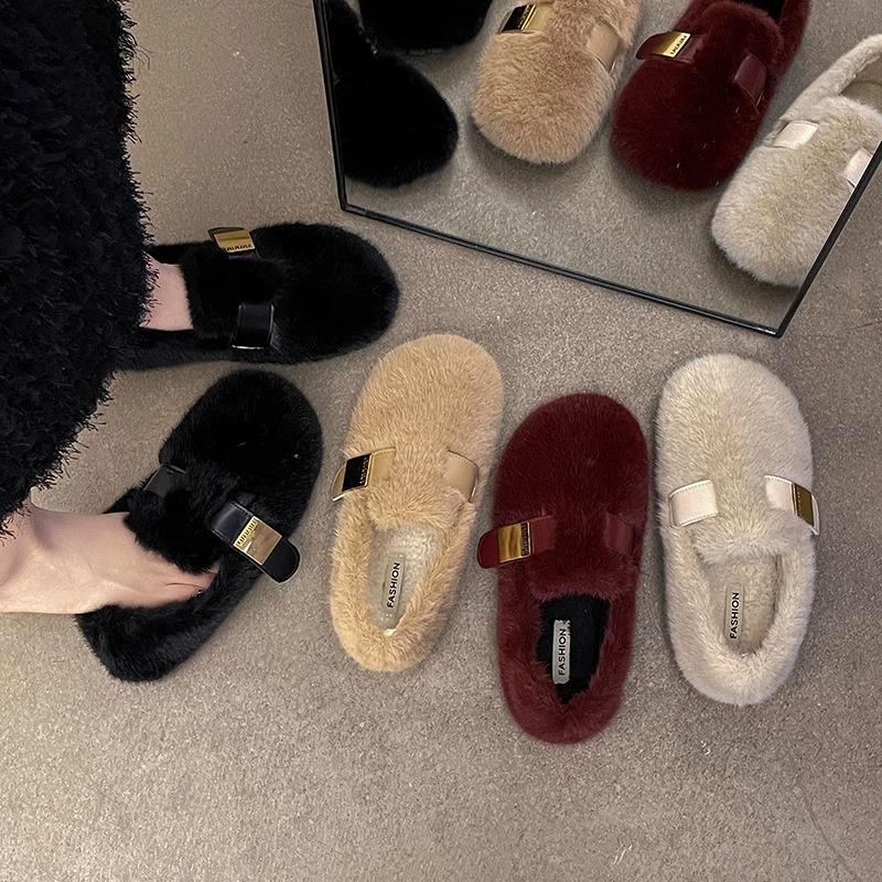One Pedal Fairy Wind Soft Sole Velvet Outer Wear Fluffy Shoes Female Outer Wear 2025 Autumn and Winter New French Cotton Shoes Tide
