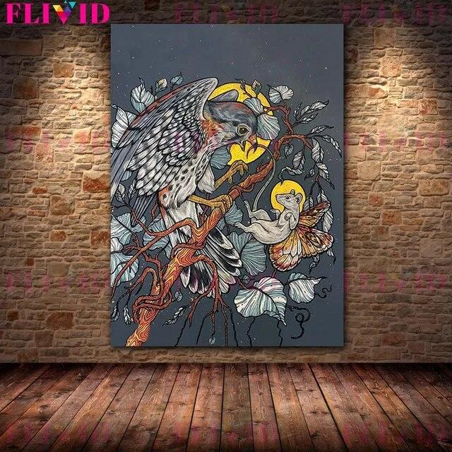 Skeletons,Flowers & Mysterious Animals Vintage Wall Art Canvas Painting Bat Opossum,Astrology Moon Stars Planets Poster Print No Frame