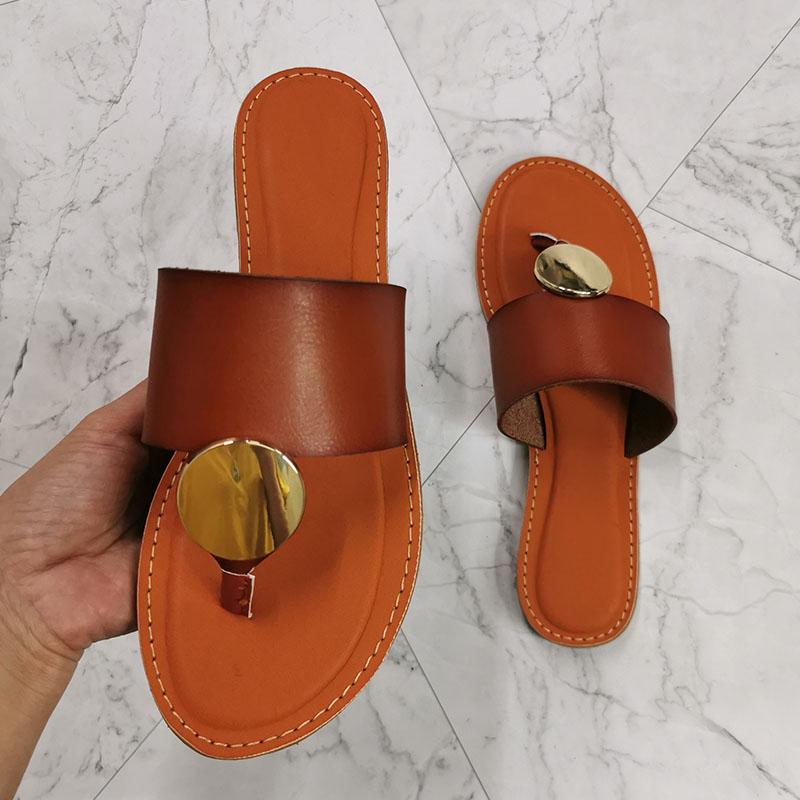 Large Size Women Sandals Flat Summer Beach Slides Shoes Leather Summer Outdoor Slippers Woman Open Toe Women Metal Sandals