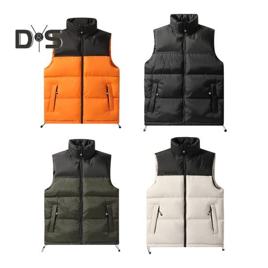 Men Cotton Waistcoat Stand Collar Sleeveless Patchwork Color Cotton Vest Coat with Pockets Elastic Drawstring Hem Zipper Placket Vest Outwear