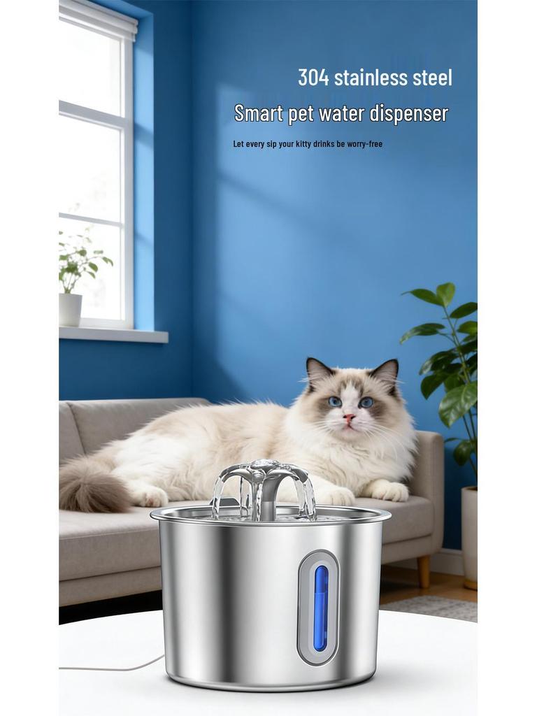 TEMU Smart Stainless Steel Pet Water Fountain - Silent Automatic Cat Water Dispenser