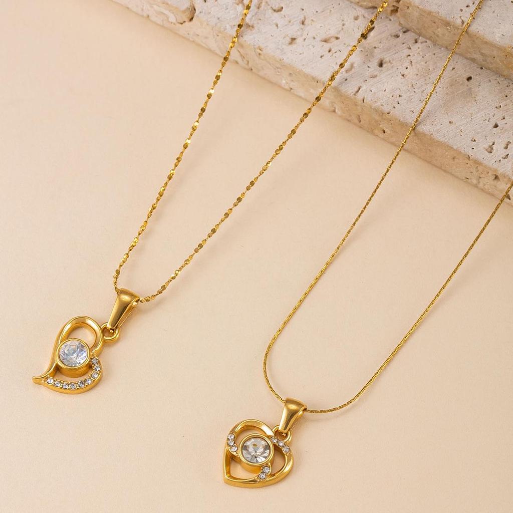 18K Zirconia Hollow Heart Pendant Necklace with Stainless Steel Chain for Women