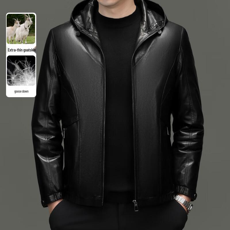 Yiliteng Men's Hooded Genuine Leather Down Jacket