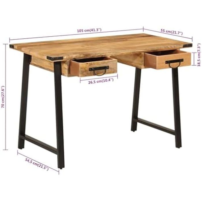 Desk - VIDAXL - Solid Mango Wood Study Table - 2 Drawers - Contemporary Style - 120x60 Cm
