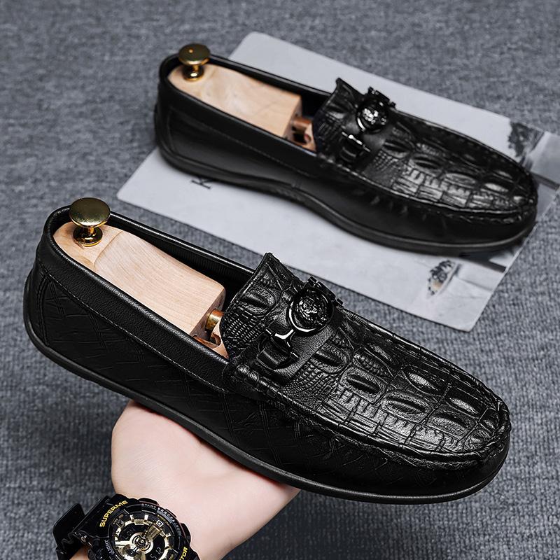 Flat-bottom Men's Leather Loafers, Round-toe Men's Casual Shoes, Soft Surface Full-grain Canvas Shoes, Classic Retro Summer Prom