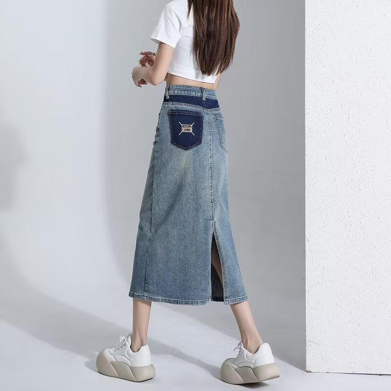 

Spring 2024 Women s Color Block Denim Midi Skirt - A-Line, Bodycon, with Slit L: 155-165CM (109-120 lbs)