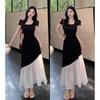 Übergröße Damen Kurzarm Patchwork Kleid - Sommer Taillenbetonend Color Block Hepburn Stil