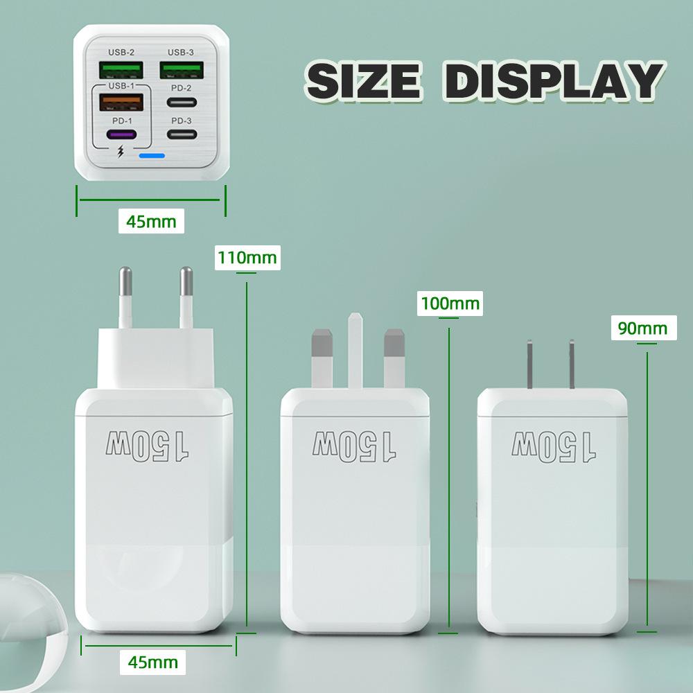 150W Multi-Port Fast Charger with 3 USB & 3 PD Ports, 5V/3A