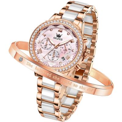 OLEVS Keramik Süß Quarz Elegant und Datum Rosa Damen Uhr, Uhrwerk, Beliebt, Stilvoll, Zifferblatt, Wasserdicht, Leuchtend,