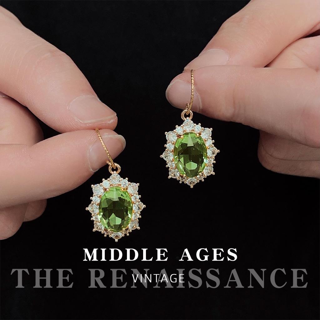 Medieval plated 14K heavy industry colored treasure retro earrings French court olive green zircon ear hook earrings