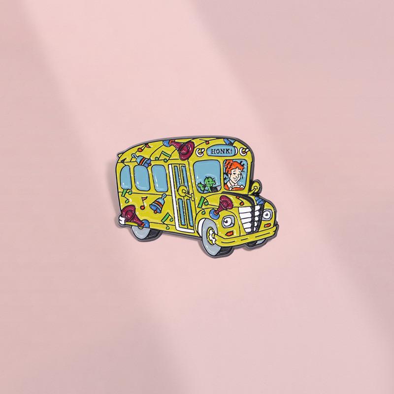 Brooch Unique Metal With Creative Bus Shaped Design And Playful Red Haired Girl Cartoon For Personal Flair