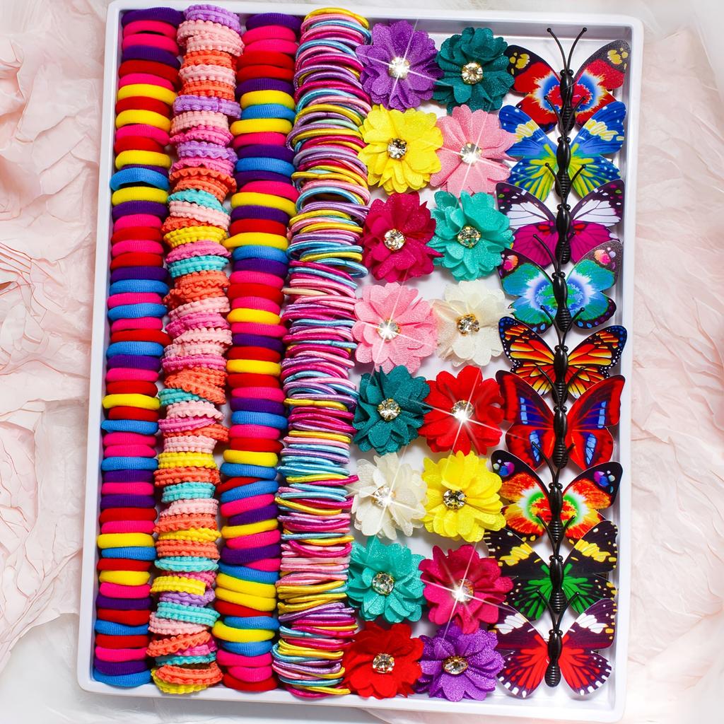 Fashion Hair Accessories Set, Glitter Bow Clips Star Clips Floral Hair Ties Non-Damaging Elastic Bands Tie Clips, High-Value Multi-Purpose Portable