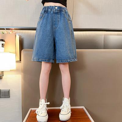 Girls Summer Soft and Comfortable Denim Shorts for Middle and Large Children Mid-waist Thin Wide-legged Pants