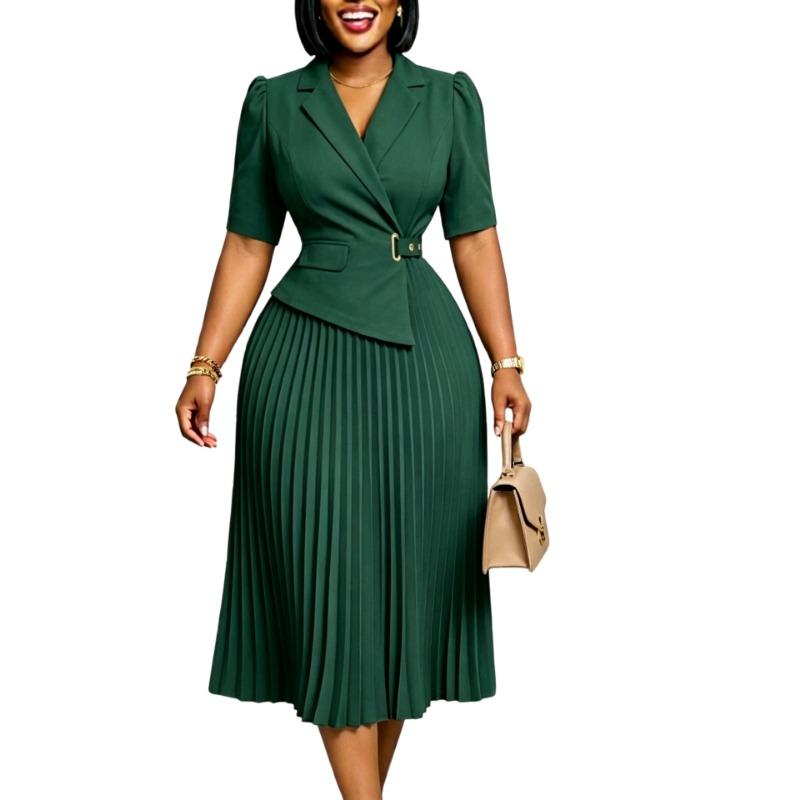 Women Elegant Blazer Collar Half Sleeve High Waist Solid A Line Midi Dress
