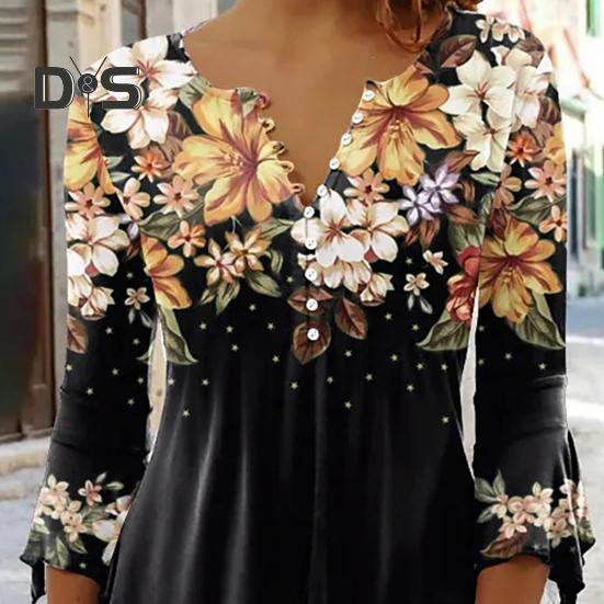Women Spring Autumn V Neck Buttons Half Placket Blouse 3/4 Sleeves Loose Hem 3D Flower Print Pullover T Shirt Top Streetwear
