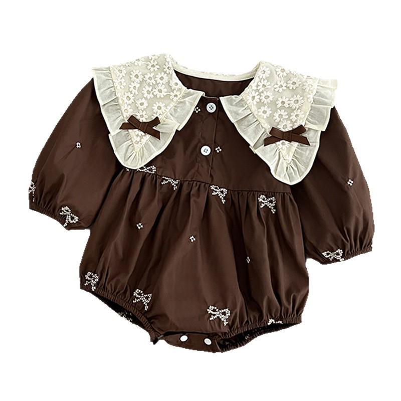 Baby-Krabbelstrampler im koreanischen Stil mit besticktem Kragen - Langarm, Niedrige Vollabdeckung für Frühling/Herbst.