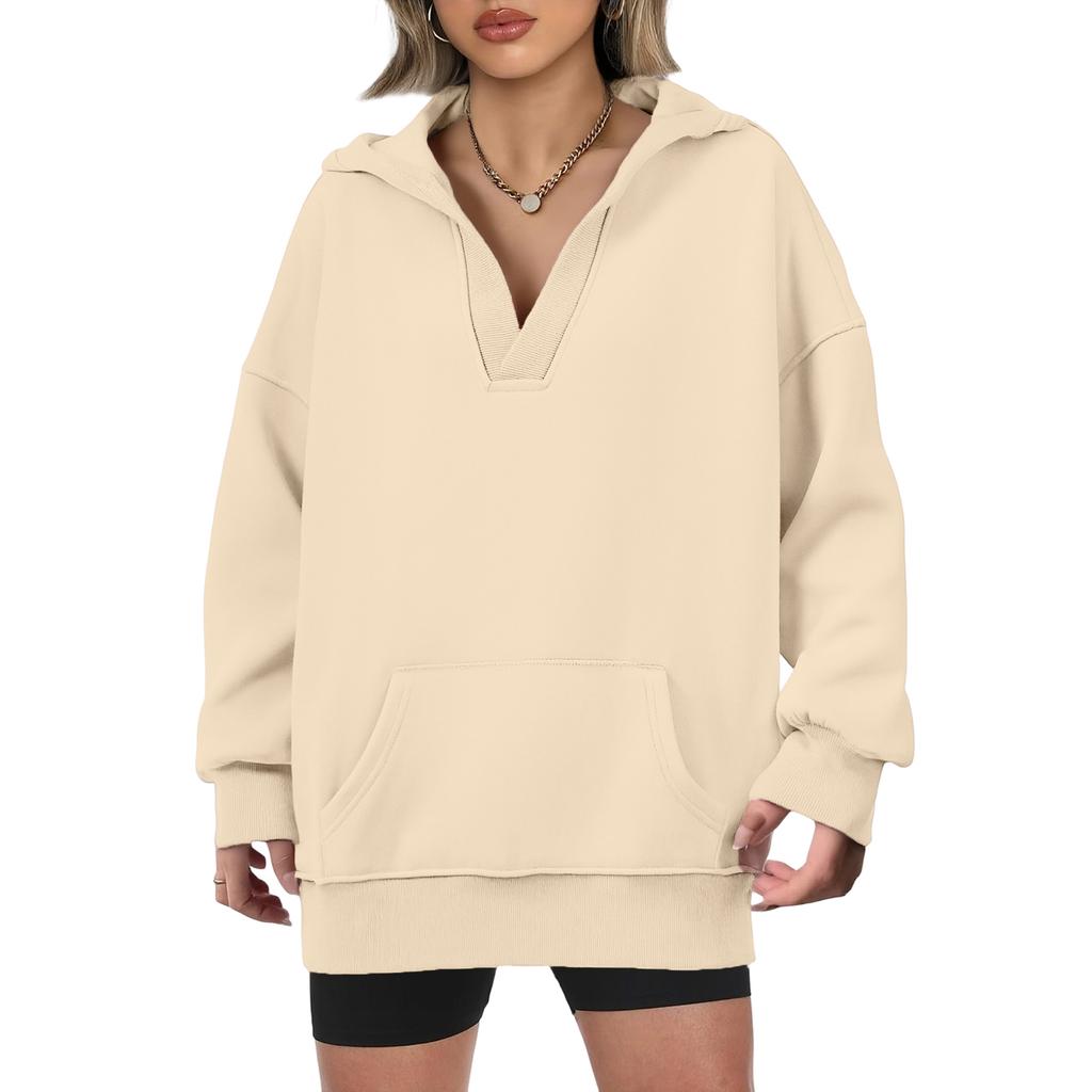 Damski swobodny pulower z dekoltem w serek, z długim rękawem, jednolity kolor, podszyty polarem, z kapturem, top