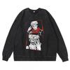 Dark Washed Vintage Anime Print Streetwear Hoodie Men - Retro Black Cotton Crewneck Sweatshirt Fall Casual Wear
