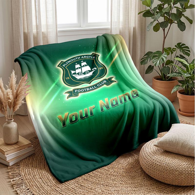Plymouth Argyle FC Custom Name Text Flannel Blanket Soccer Logo Personalized Fleece Throw Blanket Special Gift For Sofa Bedroom Home
