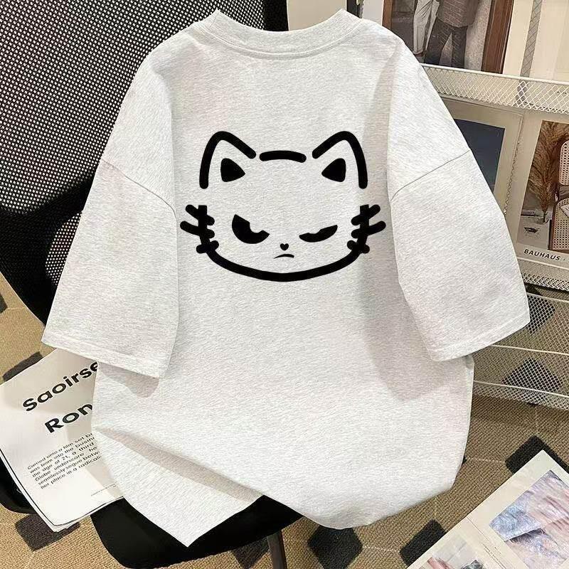 Pure Cotton Korean Vintage Cat Print ShortSleeved TShirt Couple Style Summer Casual Loose Top For Unisex And Unisex