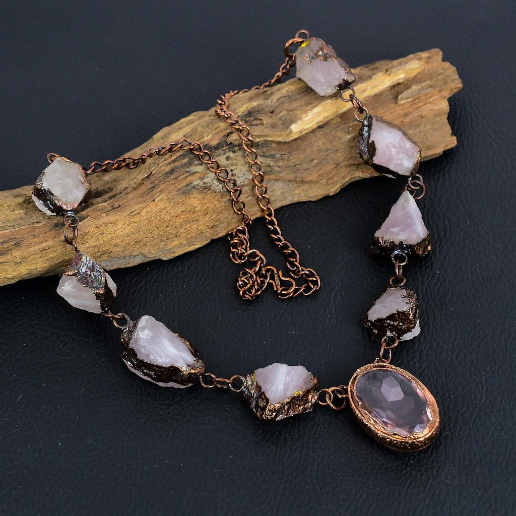 Rose Quartz Necklace Gemstone Jewelry, Copper Electroformed Adjustable Chain Necklace, Gift For Women Handmade Necklace