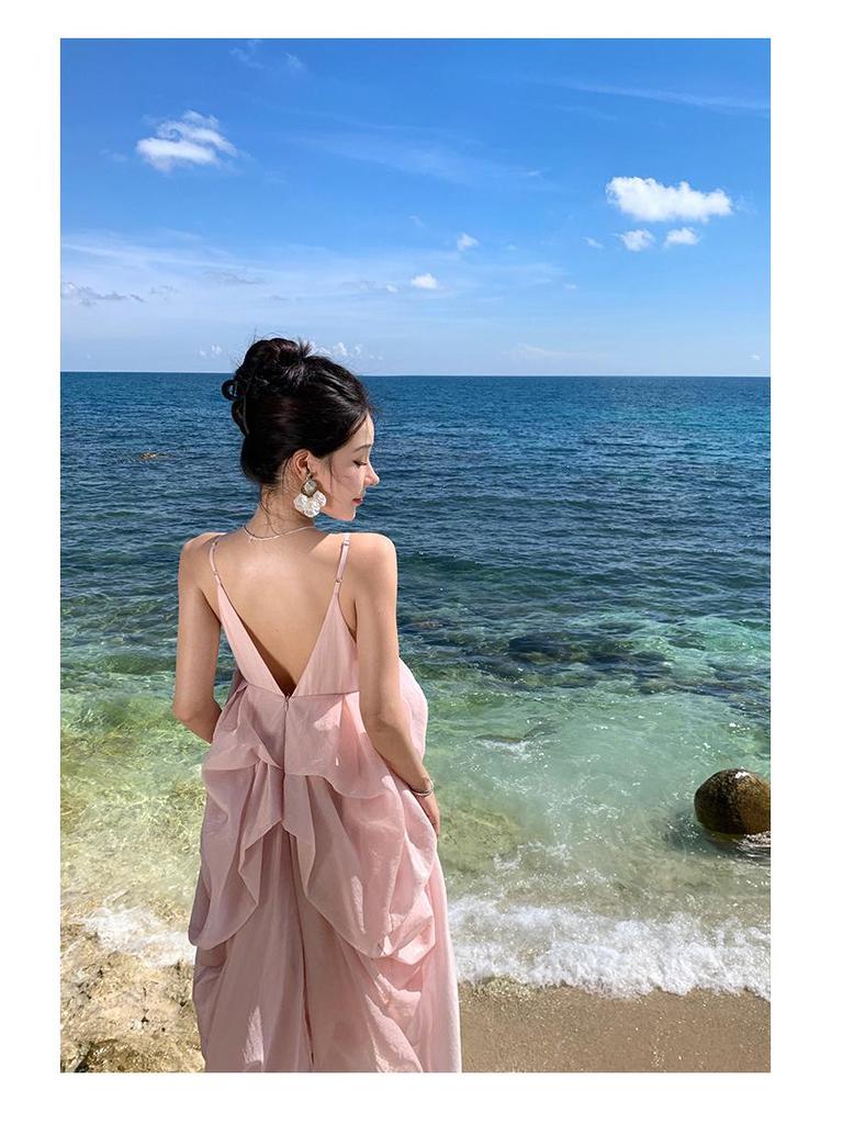 Pink French Backless Camisole Dress - Elegant Beach-Ready Evening Gown for Women