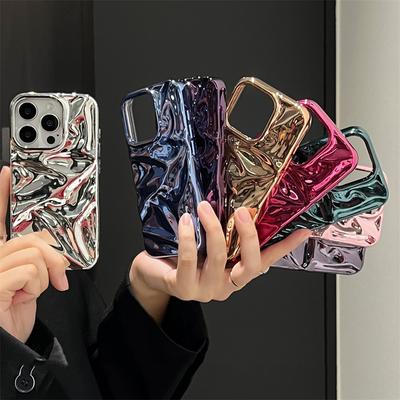 Luxury Electroplated 3D Water Ripple Glossy Case For iPhone 16 15 14 13 12 Pro Max 11 Plus Colours Fold Protective Back Cover