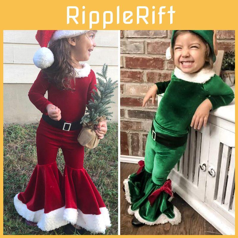 Conjunto Festivo de Natal Infantil para Meninas Calças Plush Evasê com Chapéu de Papai Noel e Chapéu de Árvore
