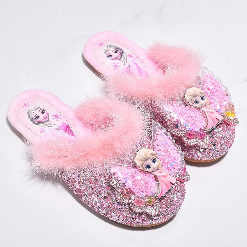 Elsa Winter Plüsch Prinzessin Baumwoll Hausschuhe für Mädchen – Rutschfest, Geschlossene Zehen, Warme Komfortschuhe