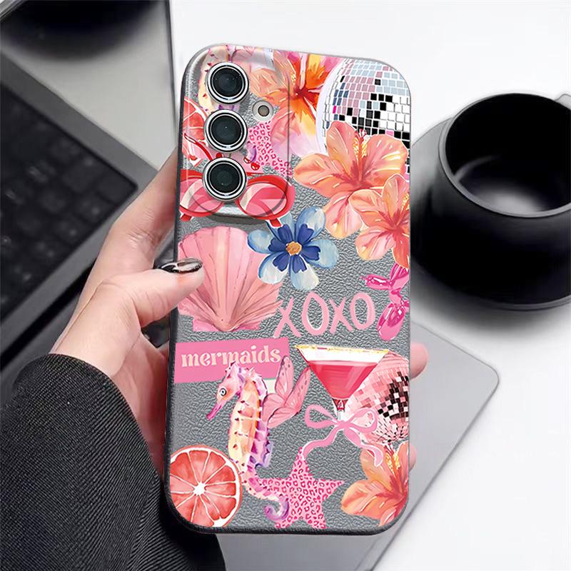 Pink Cartoon Pattern Floral Case For Samsung Galaxy A57 A56 A55 A54 5G A37 A36 A35 A34 A17 A16 A15 A14 Leather Texture Silicone Cover