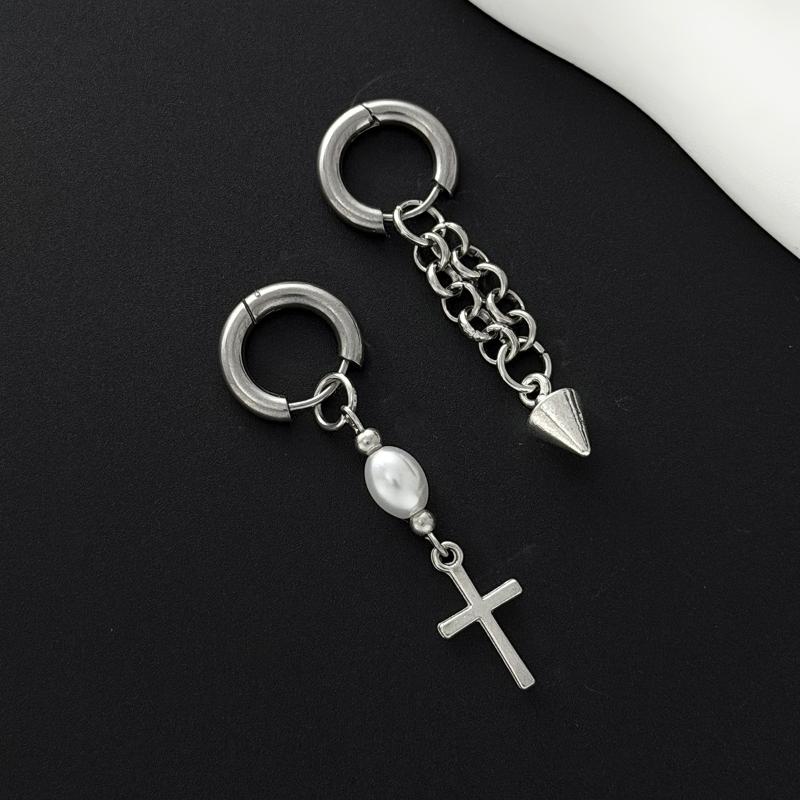 

Gothic Cross Huggie Earrings Asymmetric Rivet Pearl Tassel Statement Hoop Dangle for Women Trendy Party Jewelry