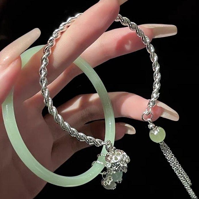 

Retro Clear Green Bangle with Bells & Tassel - Women s High-End Bracelet