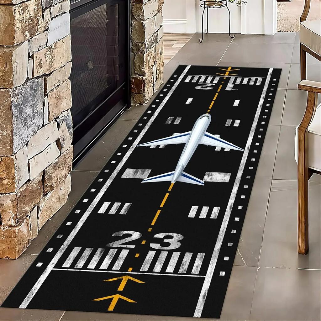 Airplane Runway Print Runner Rug, Non-Slip Black Airport Floor Mat for Kids Room, Hallway  Aviation Decor