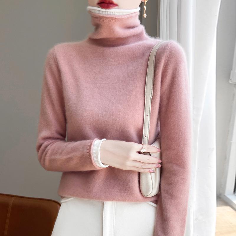 Women's Stylish Color Block Turtleneck Sweater, Fake Two-Piece Long Sleeve Knit Warm Base Layer Top