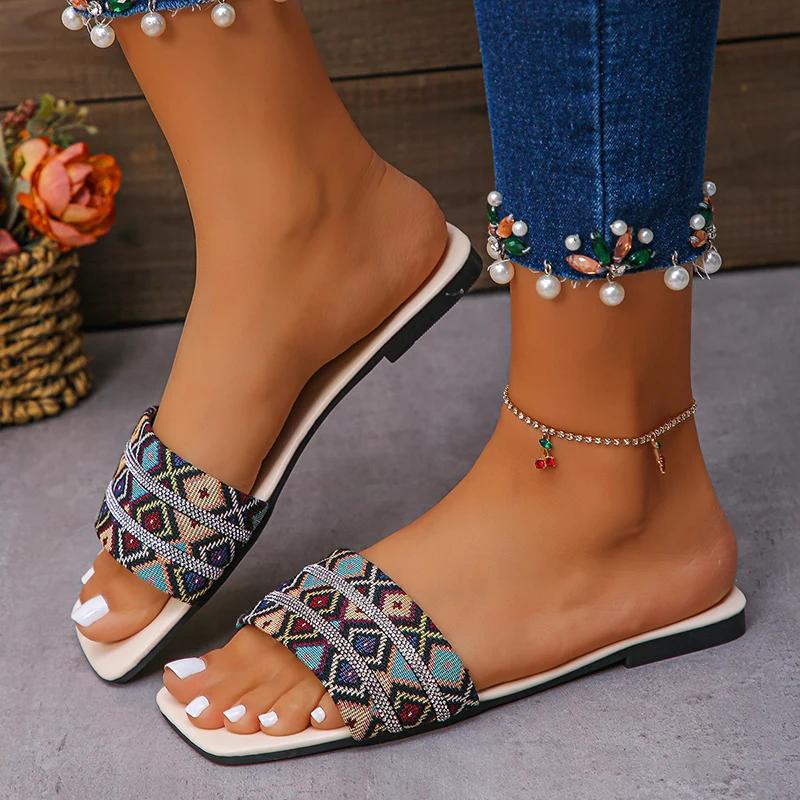Fashion Bohemian Mix Color Flat Slides for Women Retro Square Toe Low Heel Slippers Woman Summer Beach Soft Bottom Slippers Female