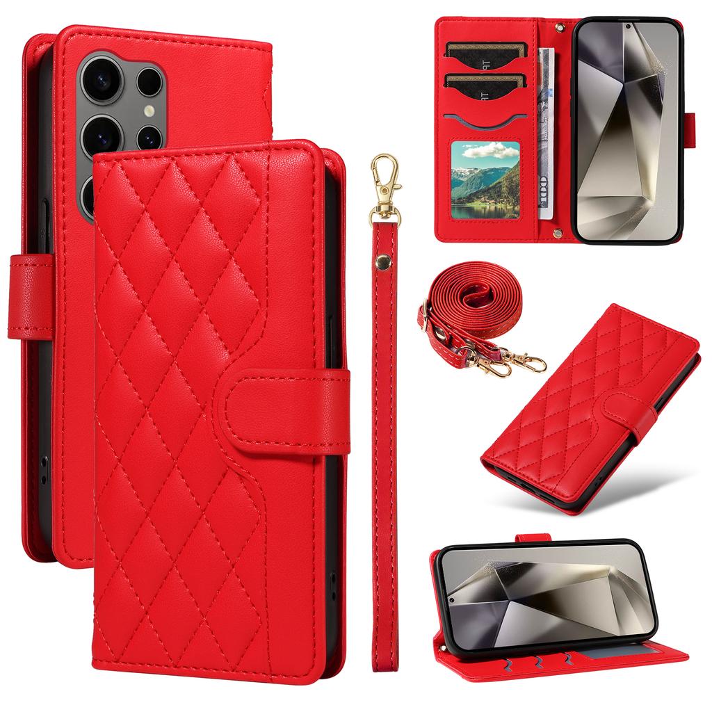 Husă tip portofel din piele rombică pentru Samsung Galaxy S25 Ultra cu curea de umăr, curea de mână