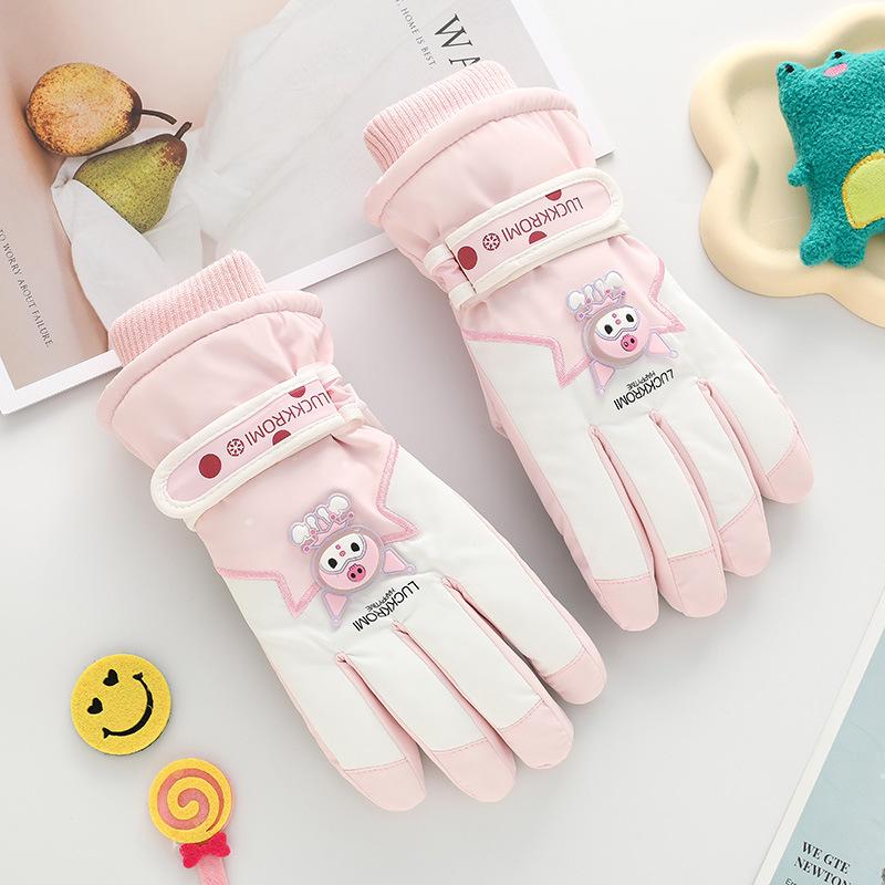 Kids Thermal Gloves with Touchscreen for Outdoor Sport Cycling Cute Winter Gloves Water-Resistant Ski Gloves with Plush Lining One Size розовый