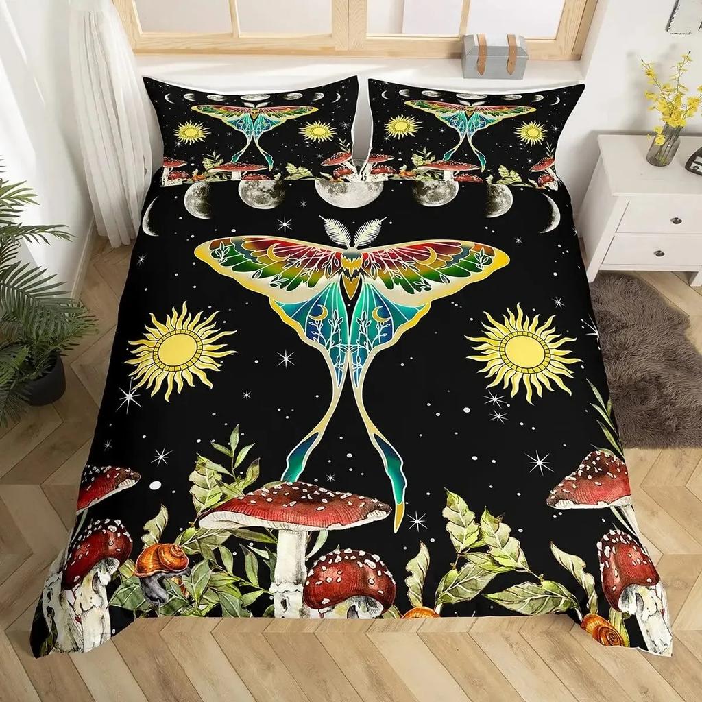 Gothic Skul Soft Duvet Cover Set, Death Moth Plus Flowers Warm Comforter Cover King Personalized Skeleton Bones Beding Sets Black Cream