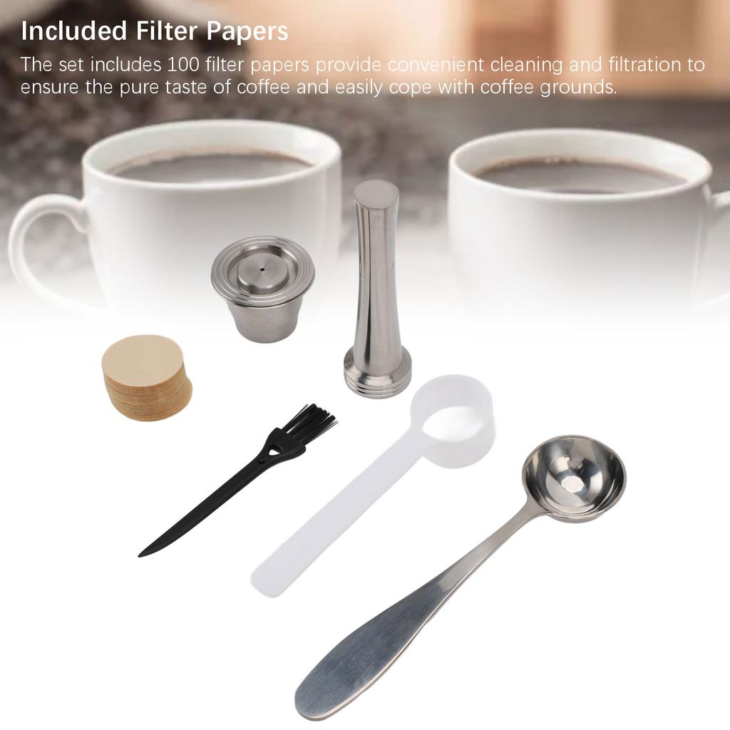 Reusable Coffee Capsule Pod Threaded Bottom Stainless Steel Coffee Tamper with 100 Filter Papers 2 Spoons Brush for Home Office
