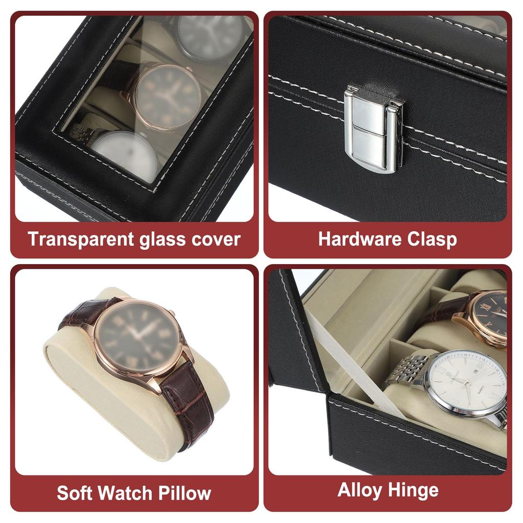 Uxcell 3-Slot Watch Storage Box with Glass Cover, Men's Watch Box, Removable Watch Pillow, Wooden Watch Box, BlackBeige