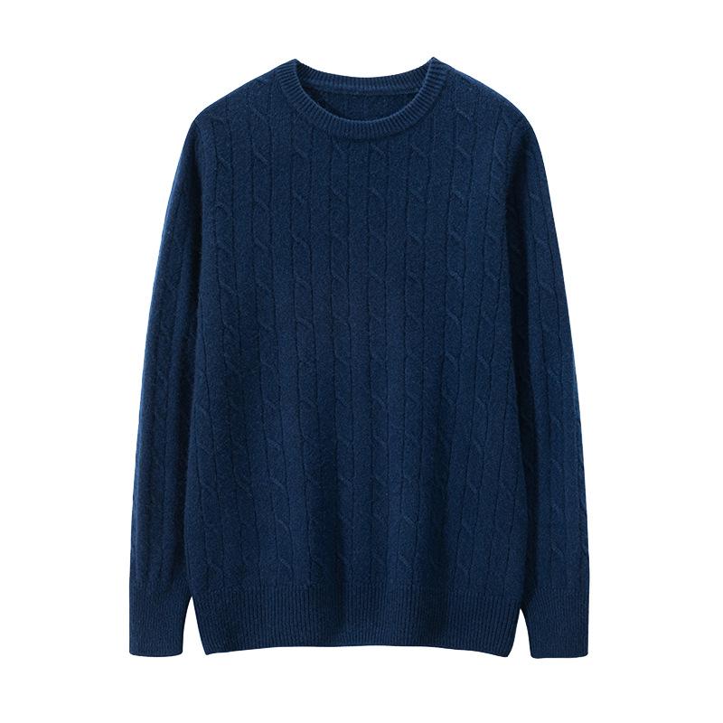 Men's Cashmere Crew Neck Sweater - Thick Cable Knit, Business Casual Loose Fit.