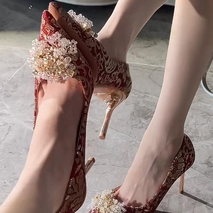 Французское высококлассное платье Сюхэ, свадебные туфли, туфли невесты, красные, для помолвки, с китайской вышивкой, текстурные, красивые туфли для тоста 35