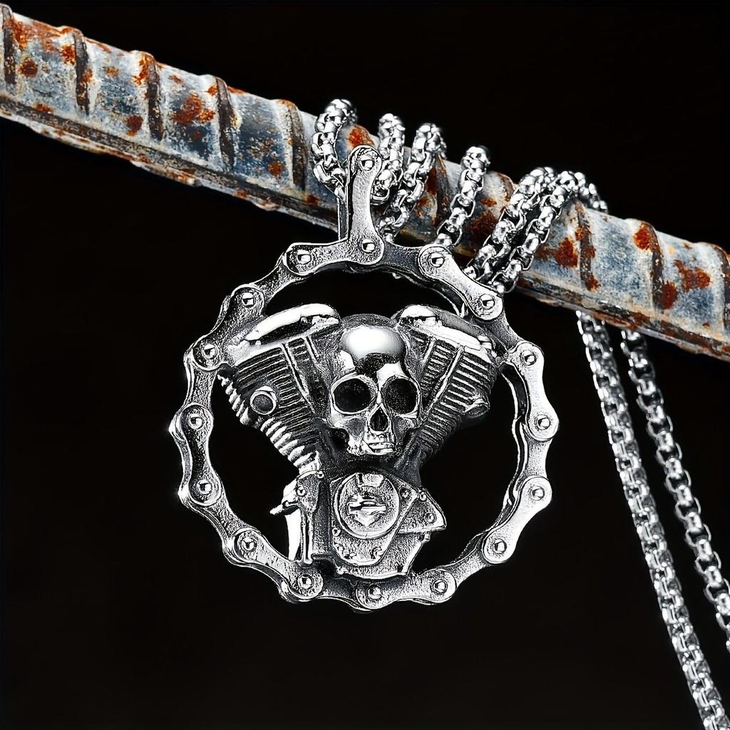 Retro Skull Engine Necklace Chain Machine Men Skeleton Pendant Rock Punk for Male Biker Rider Jewelry Gift